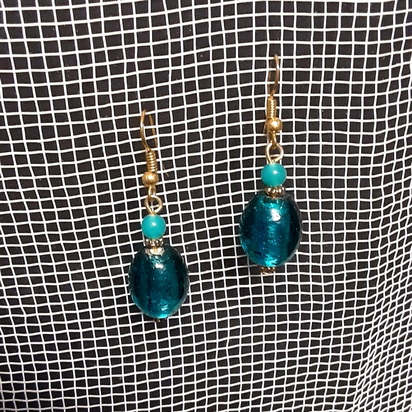 Hand Crafted Jewelry - Beaded Boho Earrings Turquoise Glass Beads Gold Tone Hooks 1" long